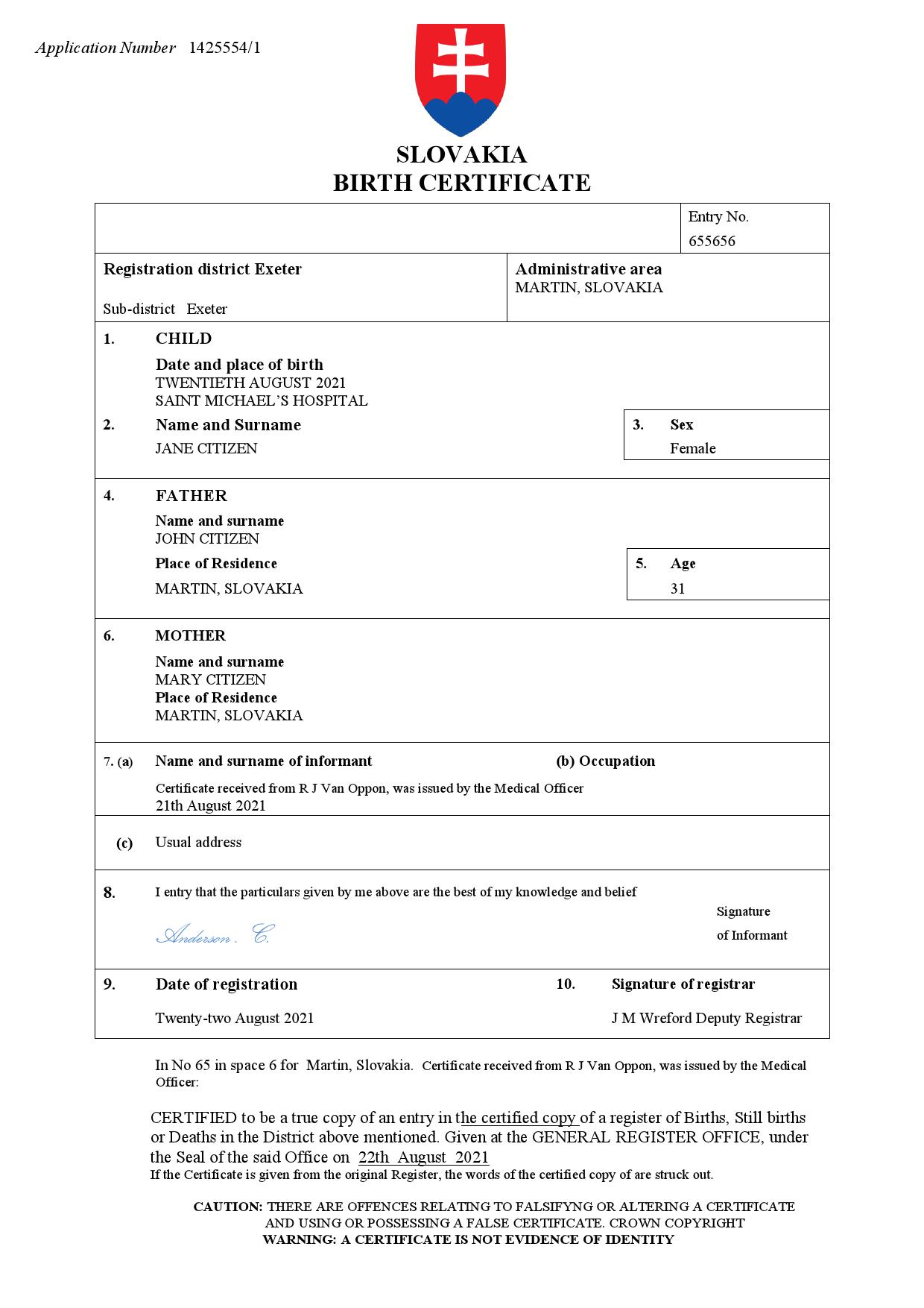 Authentic Slovakia Birth Certificate Template | Customize and Download Online