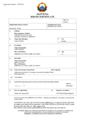 Slovenia birth certificate Word and PDF template, completely editable