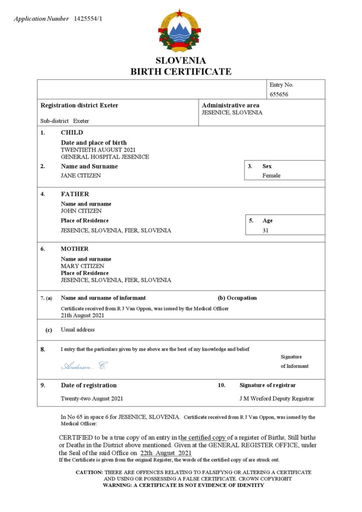 Slovenia birth certificate Word and PDF template, completely editable