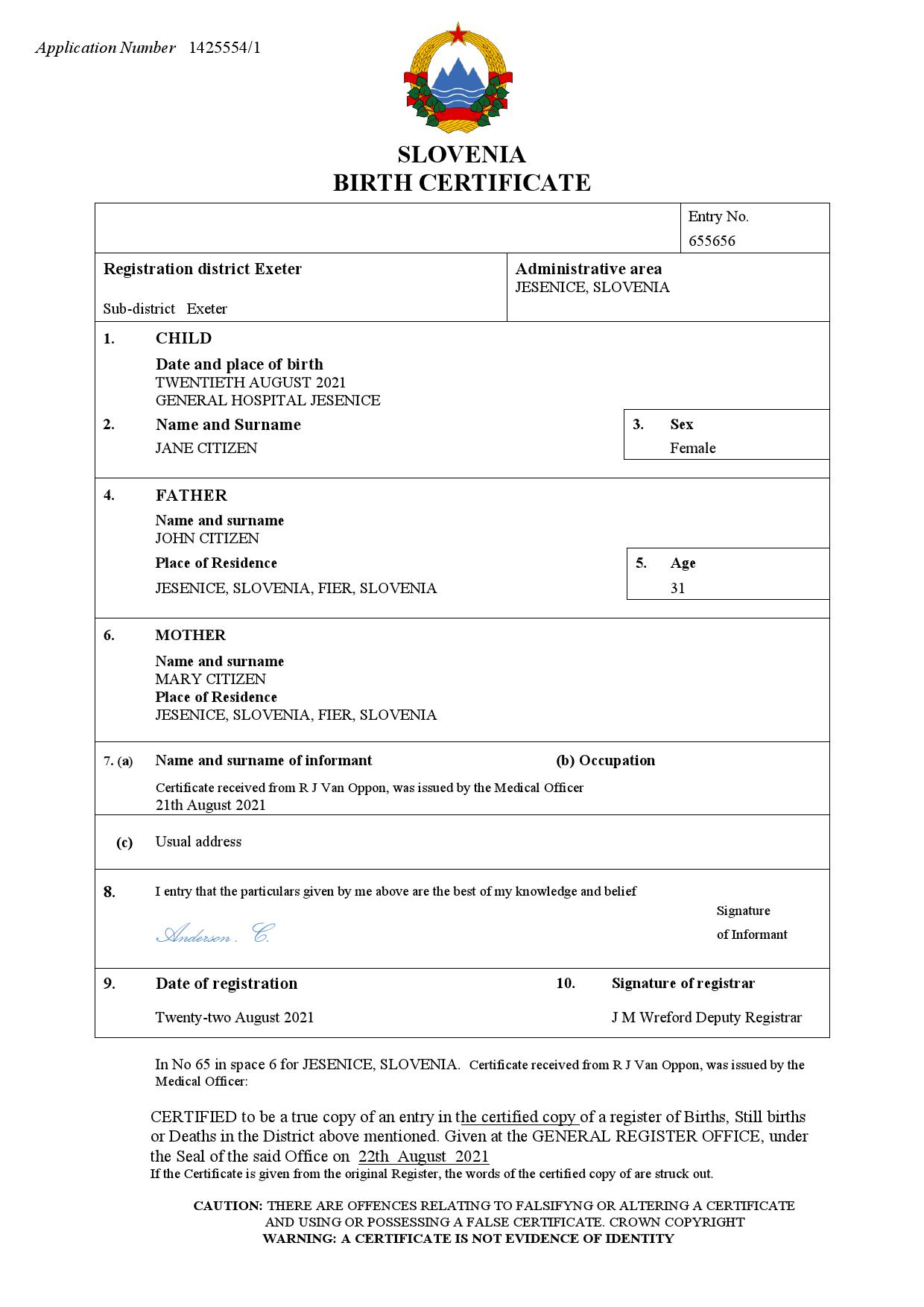 Authentic Slovenia Birth Certificate Template | Customize and Download Online