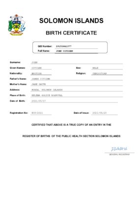 Solomon Islands vital record birth certificate Word and PDF template, completely editable