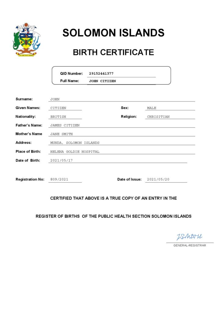 Solomon Islands vital record birth certificate Word and PDF template, completely editable
