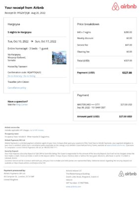 Customizable Somalia Airbnb Reservation Template | Word & PDF Formats