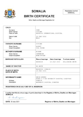 Somalia birth certificate Word and PDF template, completely editable