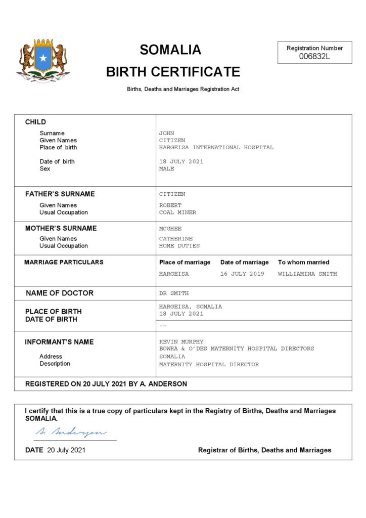 Somalia birth certificate Word and PDF template, completely editable