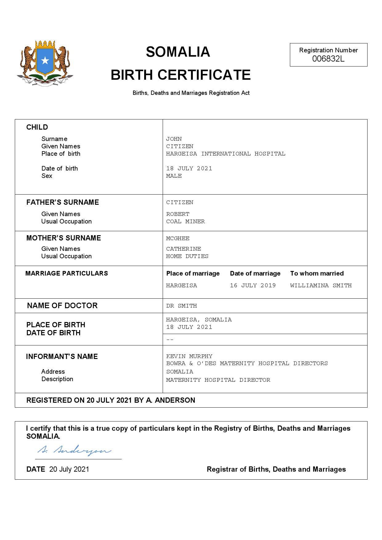 Authentic Somalia Birth Certificate Template | Customize and Download Online