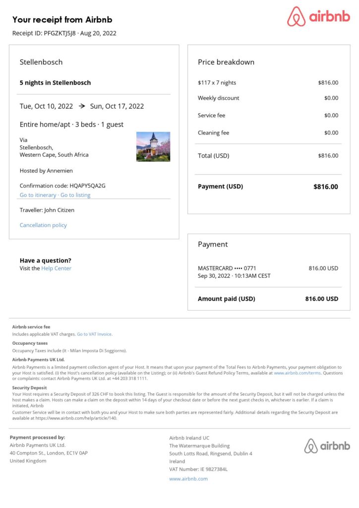 Customizable South Africa Airbnb Reservation Template | Word & PDF Formats