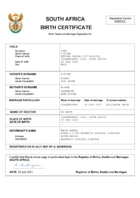 South Africa vital record birth certificate Word and PDF template, completely editable