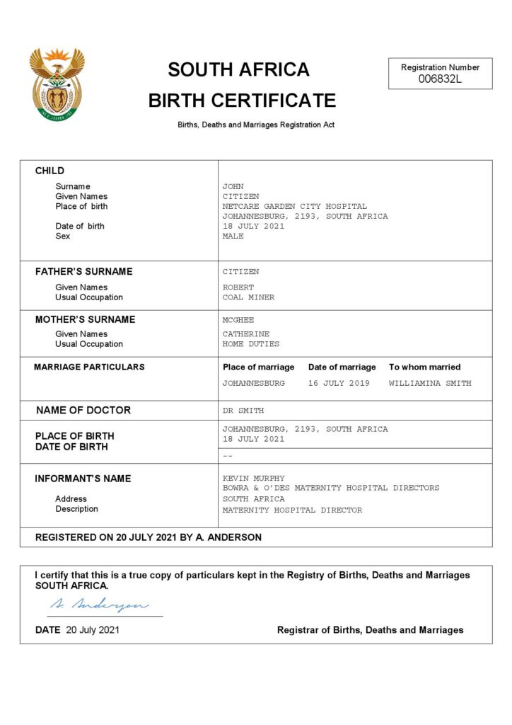 South Africa vital record birth certificate Word and PDF template, completely editable