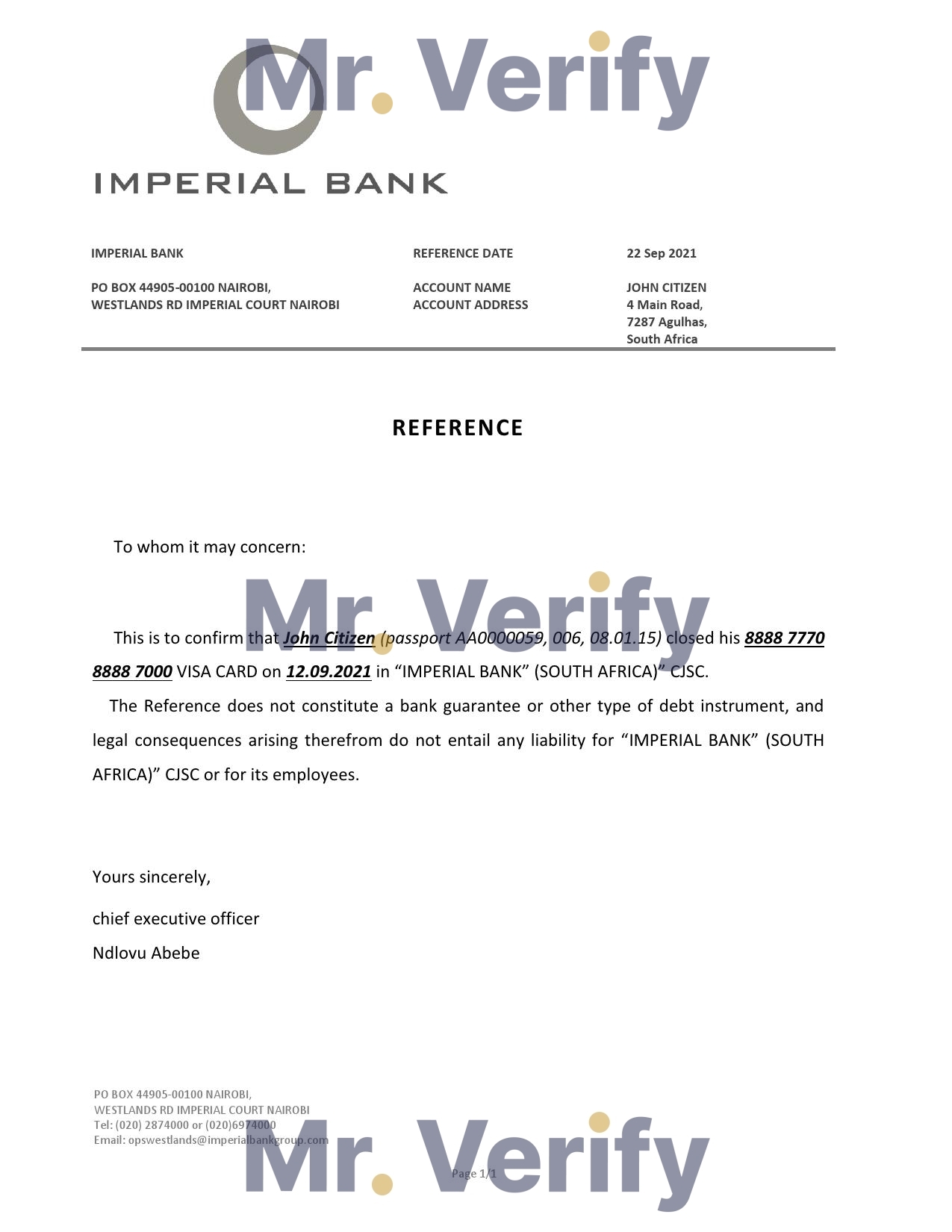 Download South Africa Imperial Bank Reference Letter Templates | Editable Word