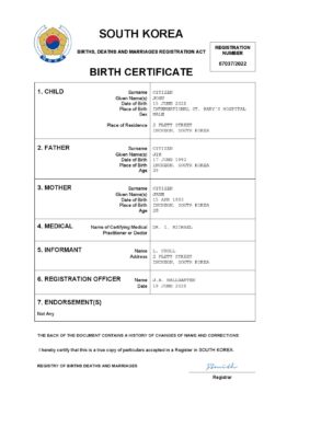 South Korea birth certificate Word and PDF template, completely editable
