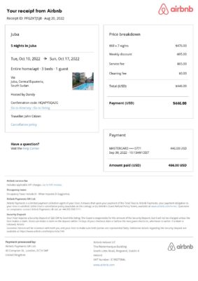 Customizable South Sudan Airbnb Reservation Template | Word & PDF Formats