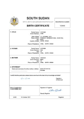 South Sudan vital record birth certificate Word and PDF template, completely editable
