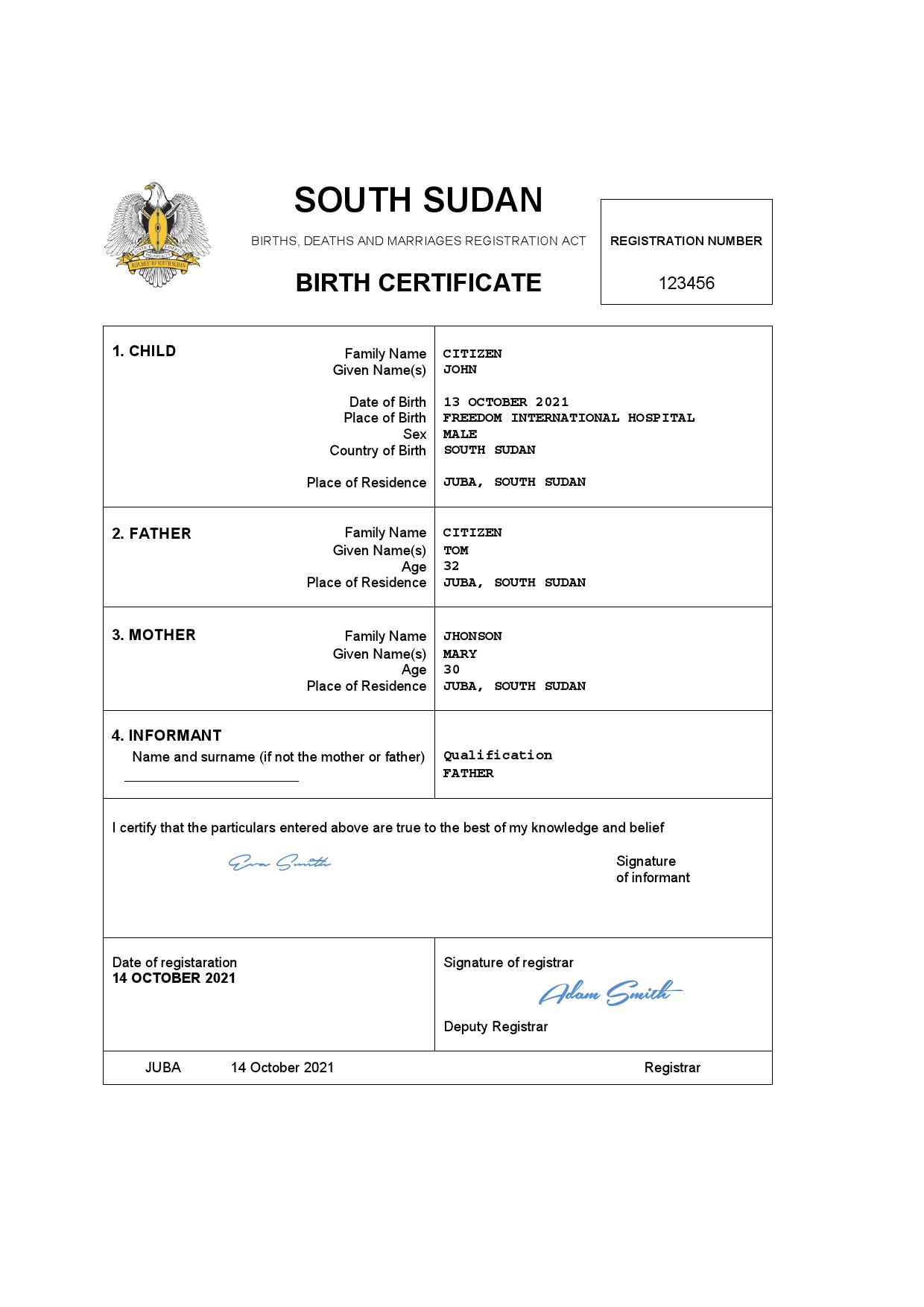 Authentic South Sudan Birth Certificate Template | Customize and Download Online