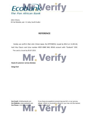 Download South Sudan Ecobank Bank Reference Letter Templates | Editable Word