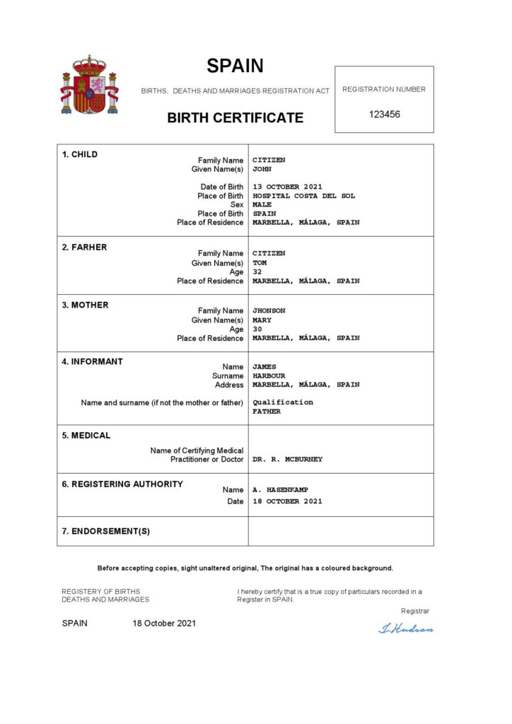Spain birth certificate Word and PDF template, completely editable