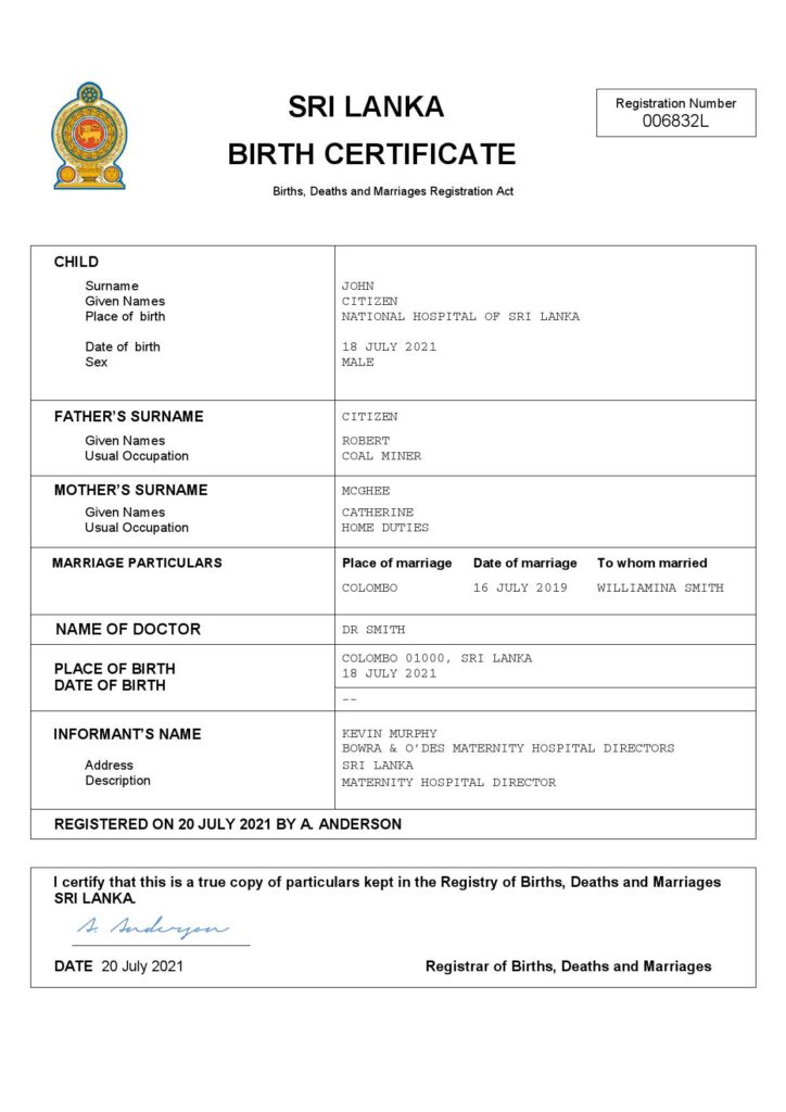 Sri Lanka vital record birth certificate Word and PDF template, completely editable