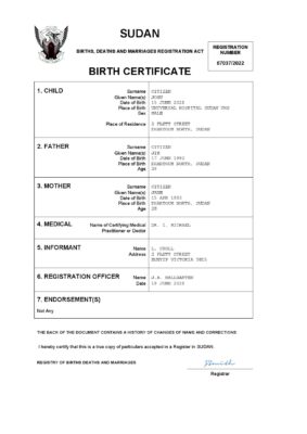 Sudan birth certificate Word and PDF template, completely editable