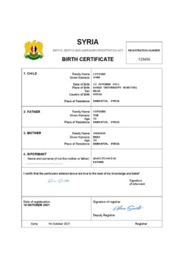 Syria birth certificate Word and PDF template, completely editable