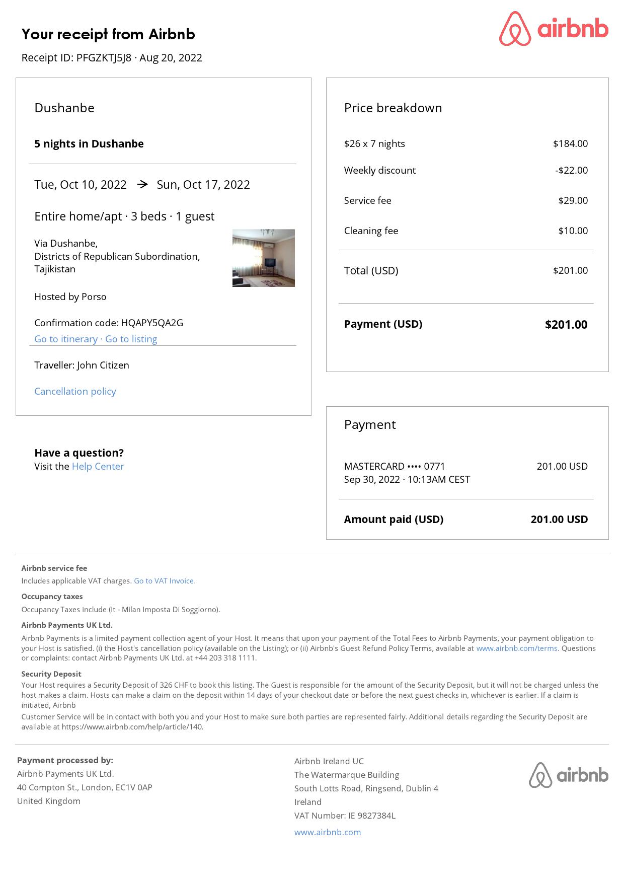 Customizable Tajikistan Airbnb Reservation Template | Word & PDF Formats