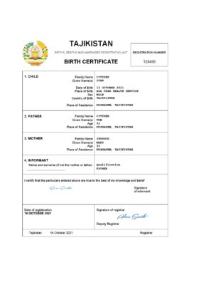 Tajikistan vital record birth certificate Word and PDF template, completely editable