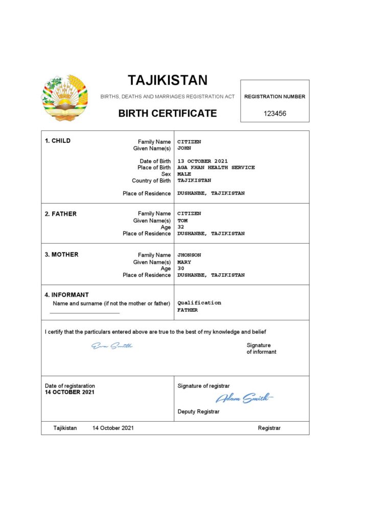 Tajikistan vital record birth certificate Word and PDF template, completely editable