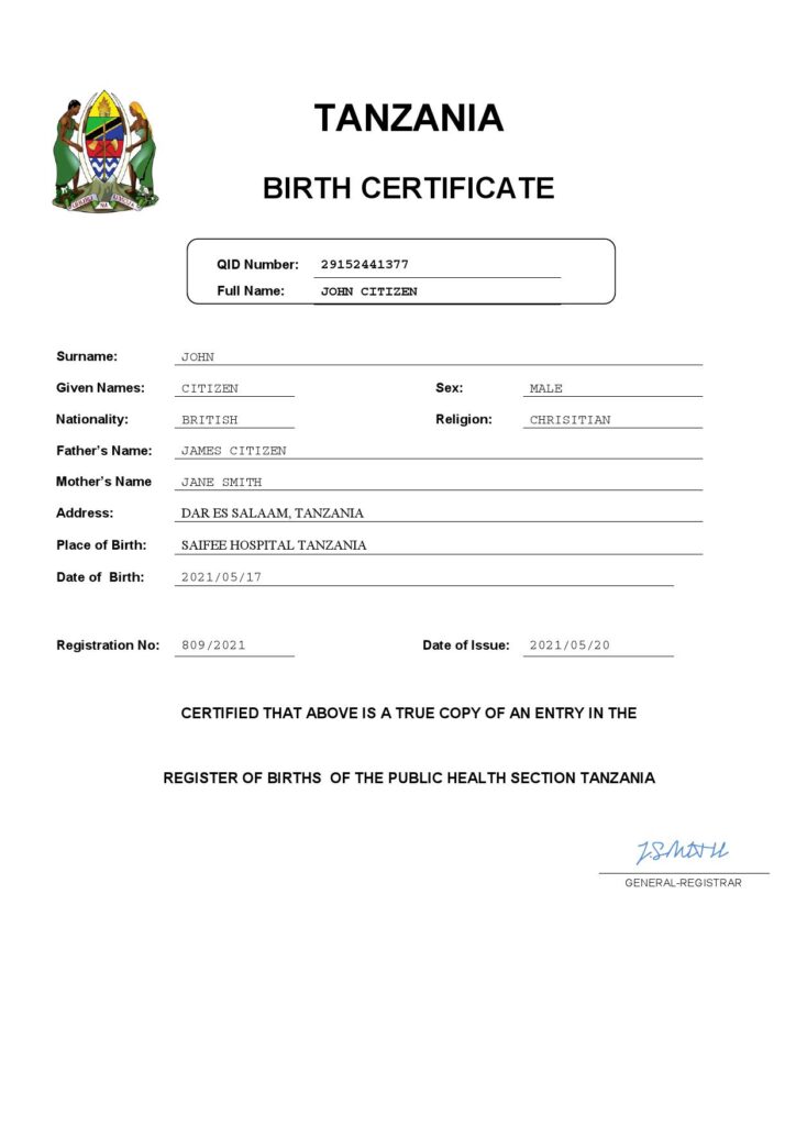 Tanzania birth certificate Word and PDF template, completely editable