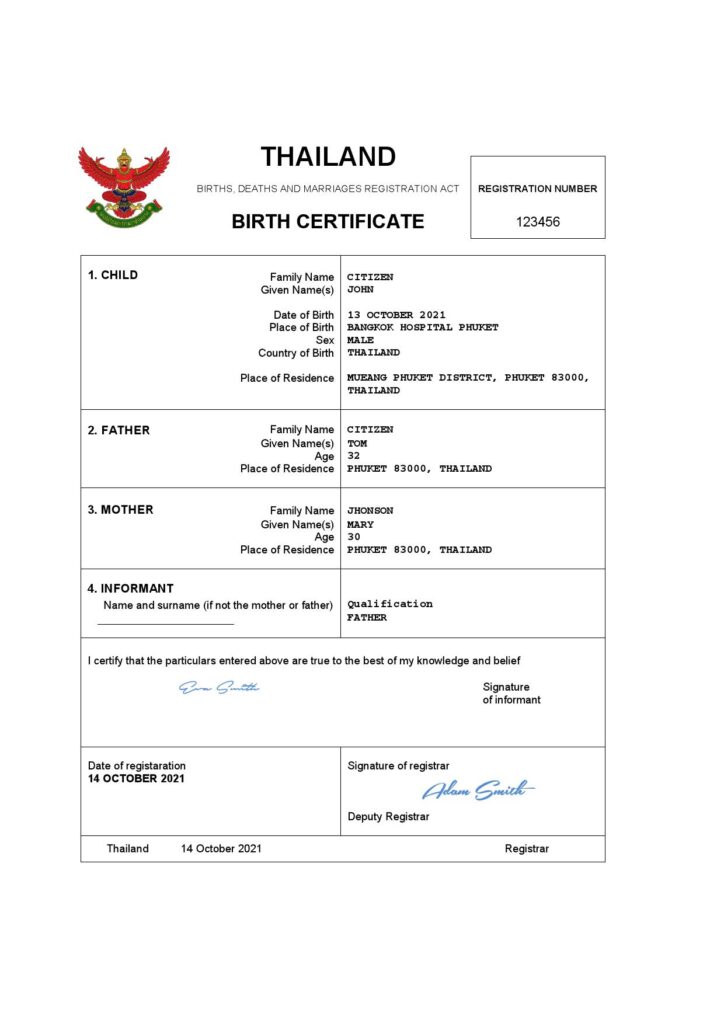 Thailand vital record birth certificate Word and PDF template, completely editable