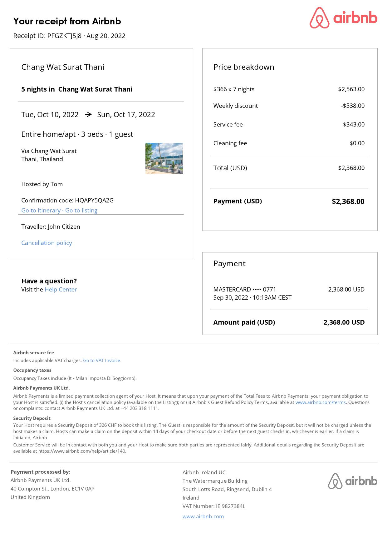 Customizable Thailand Airbnb Reservation Template | Word & PDF Formats