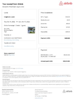 Customizable Togo Airbnb Reservation Template | Word & PDF Formats