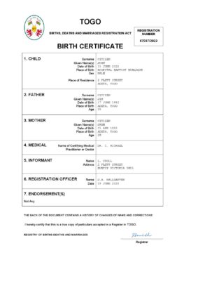 Togo vital record birth certificate Word and PDF template, completely editable