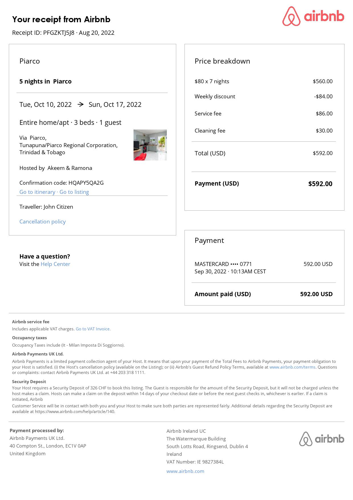 Customizable Trinidad & Tobago Airbnb Reservation Template | Word & PDF Formats