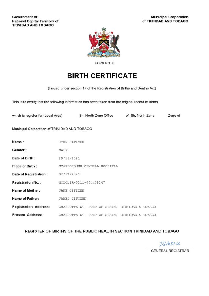 Trinidad & Tobago birth certificate Word and PDF template, completely editable