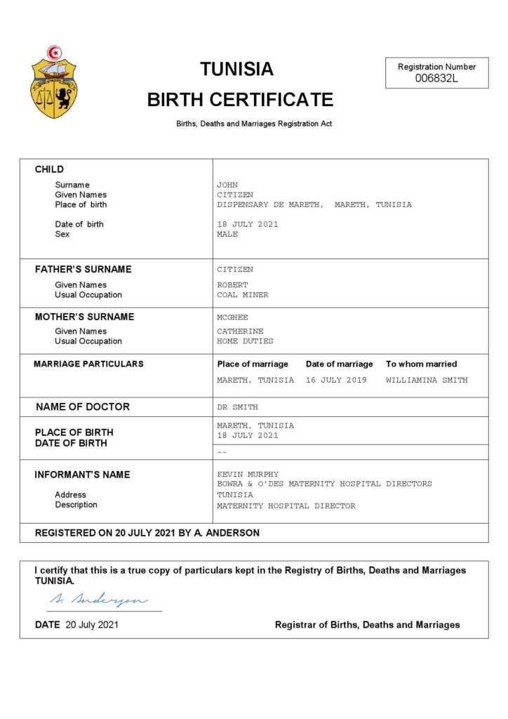 Tunisia vital record birth certificate Word and PDF template, completely editable