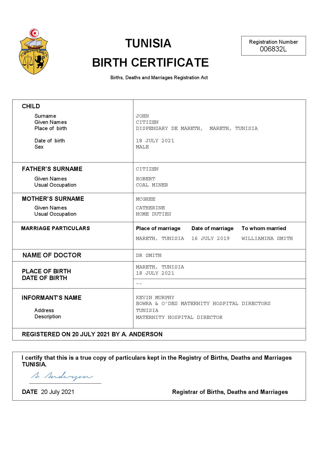 Authentic Tunisia Birth Certificate Template | Customize and Download Online