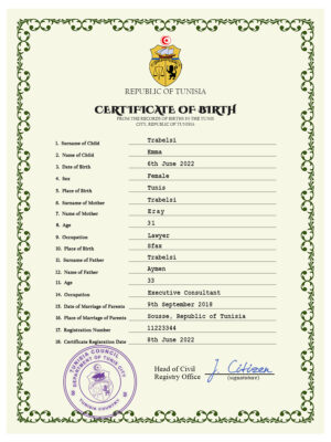 Authentic Tunisia Birth Certificate Template | Customize and Download Online
