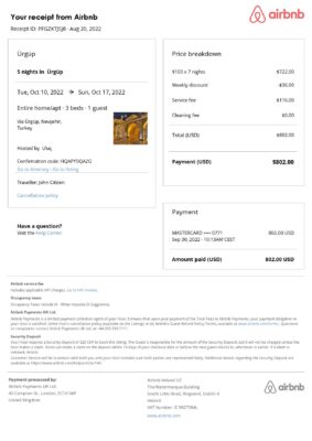 Customizable Turkey Airbnb Reservation Template | Word & PDF Formats