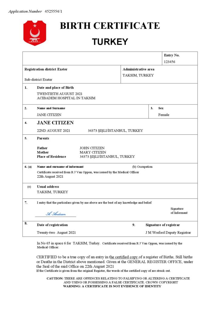 Turkey birth certificate Word and PDF template, completely editable