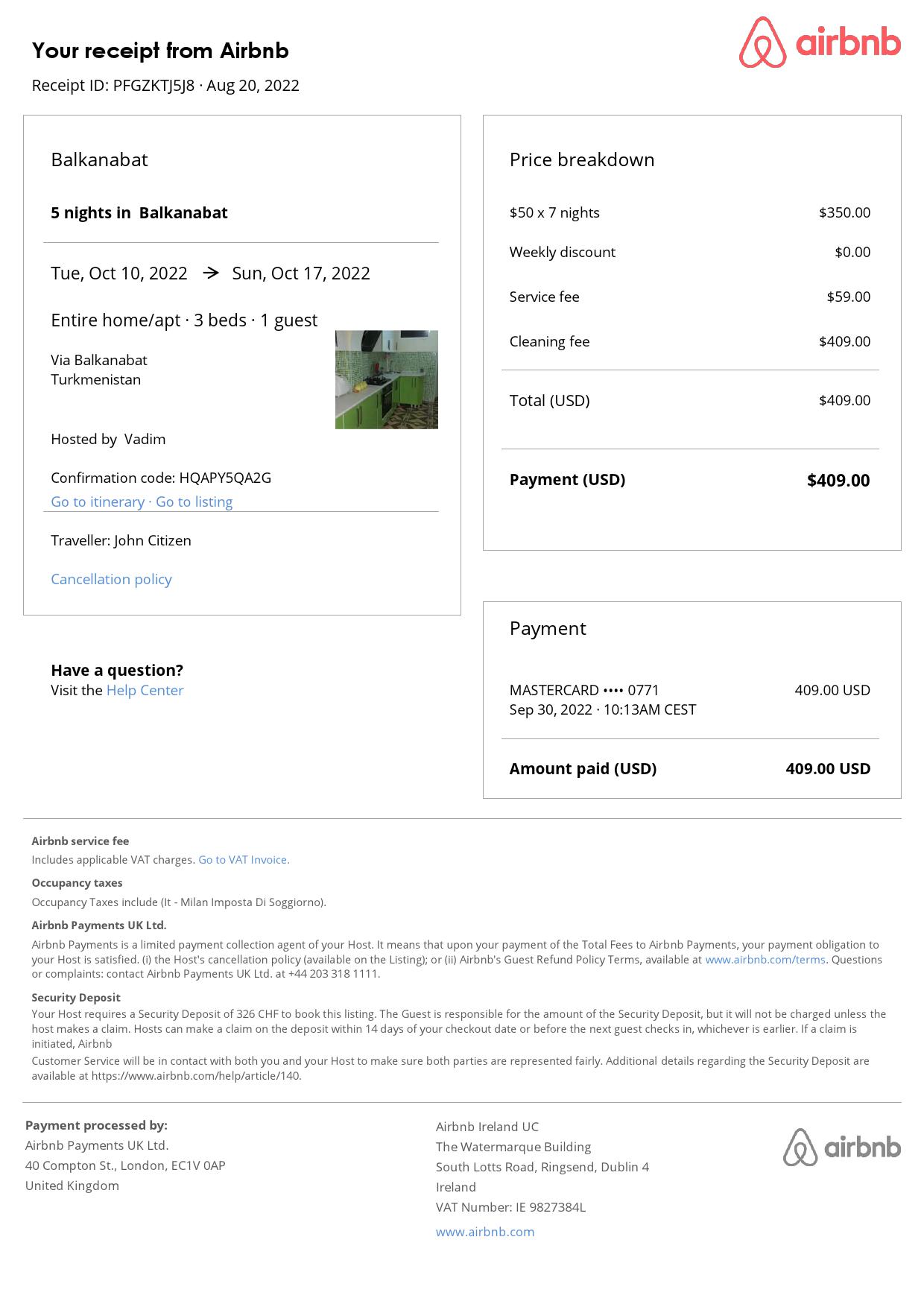 Customizable Turkmenistan Airbnb Reservation Template | Word & PDF Formats