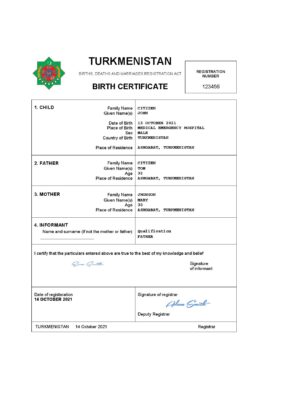 Turkmenistan vital record birth certificate Word and PDF template, completely editable
