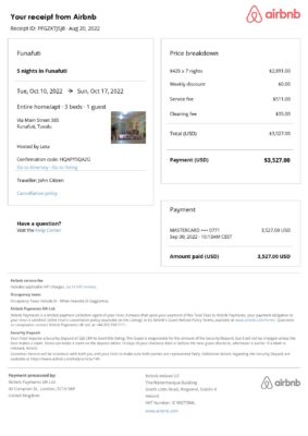 Customizable Tuvalu Airbnb Reservation Template | Word & PDF Formats