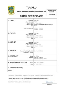 Tuvalu birth certificate Word and PDF template, completely editable