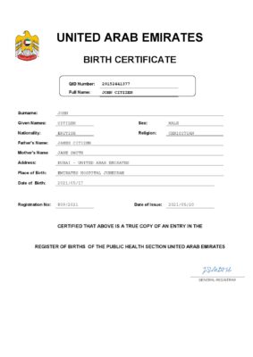 UAE vital record birth certificate Word and PDF template, completely editable