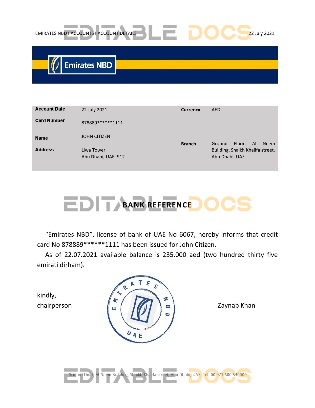 Download UAE Emirates NBD Bank Reference Letter Templates | Editable Word