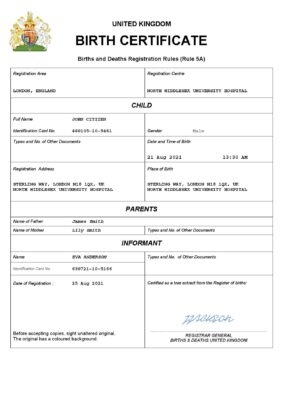 United Kingdom vital record birth certificate Word and PDF template, completely editable