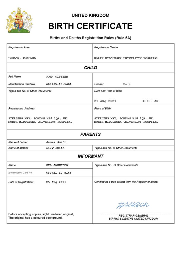 United Kingdom vital record birth certificate Word and PDF template, completely editable