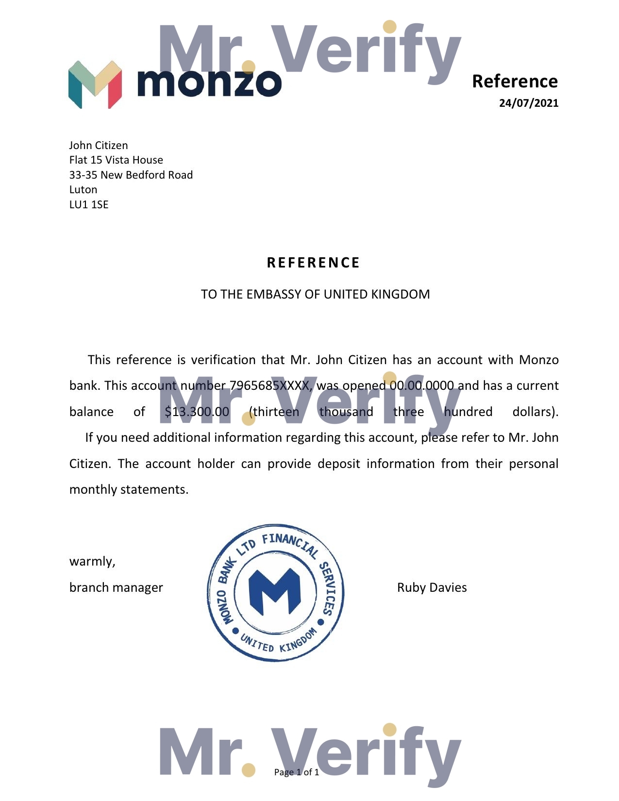 Download United Kingdom Monzo Bank Reference Letter Templates | Editable Word