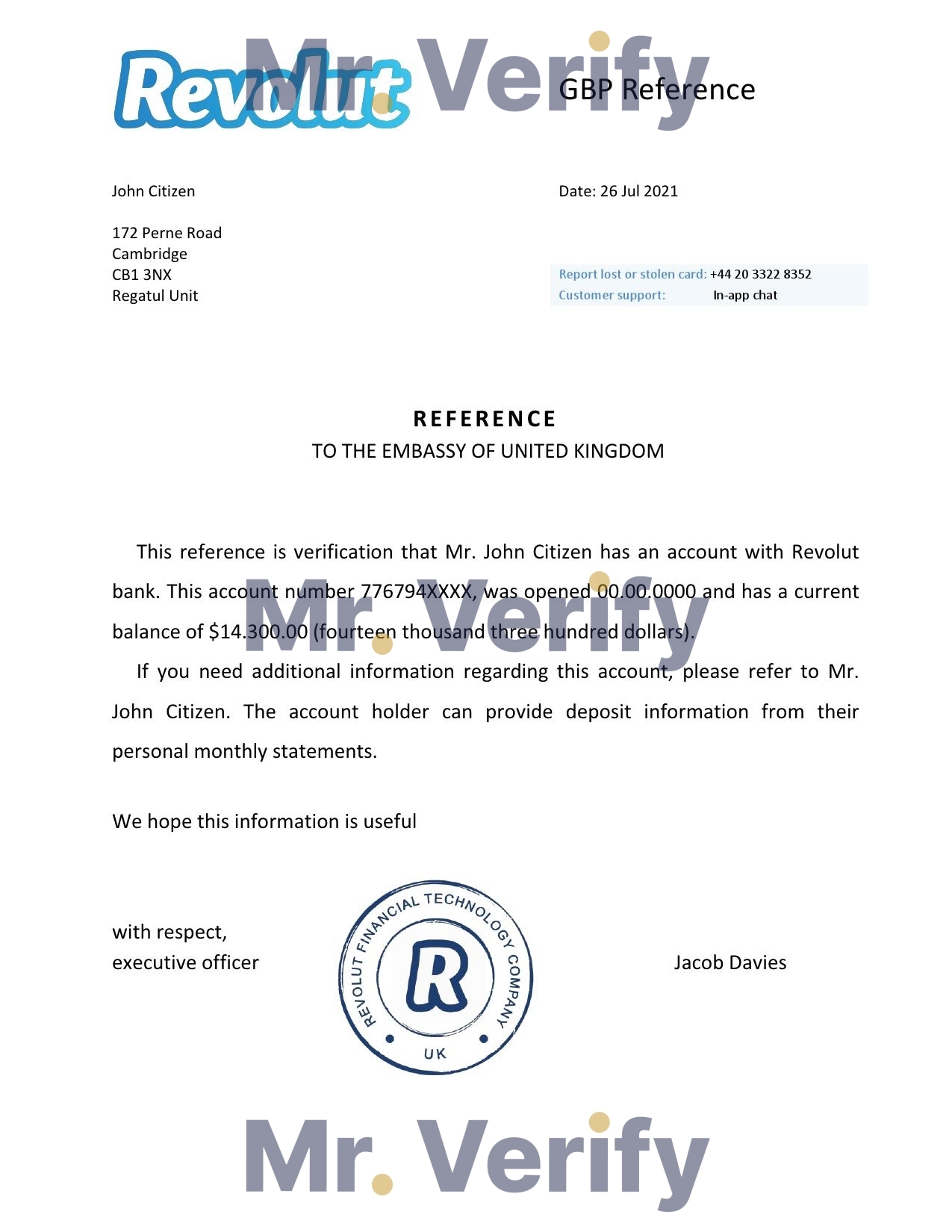 Download United Kingdom Revolut Bank Reference Letter Templates | Editable Word