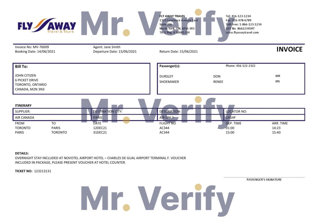 High-Quality USA Fly Away Travel agency Invoice Template PDF | Fully Editable