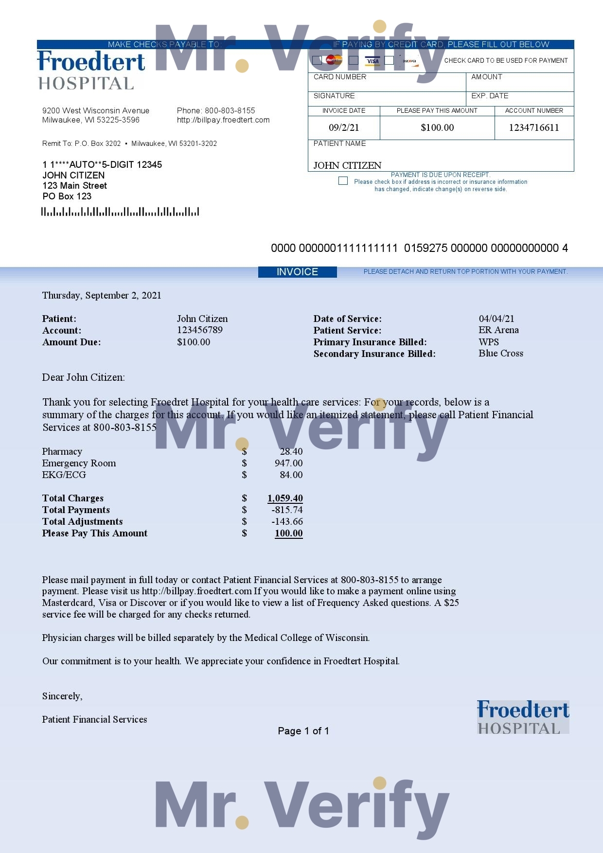 High-Quality USA Froedtert Hospital Invoice Template PDF | Fully Editable